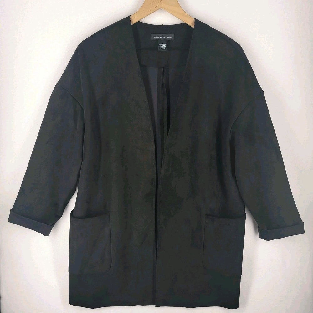 Joan‎ Vass New York Faux Leather Jacket Size L Black Open Casual Minimalist